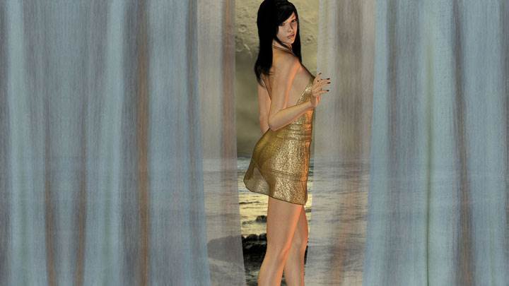 3d Girl Modeling Pose With Curtain In Golden Dress
